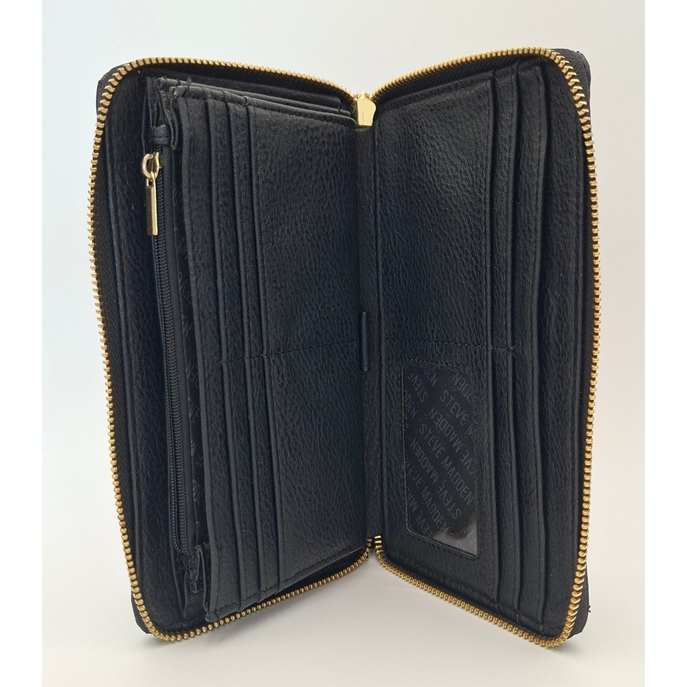 Steve Madden Black Embossed Logo Zip Around Wallet Gold Hardware Faux Leather - Picture 3 of 8